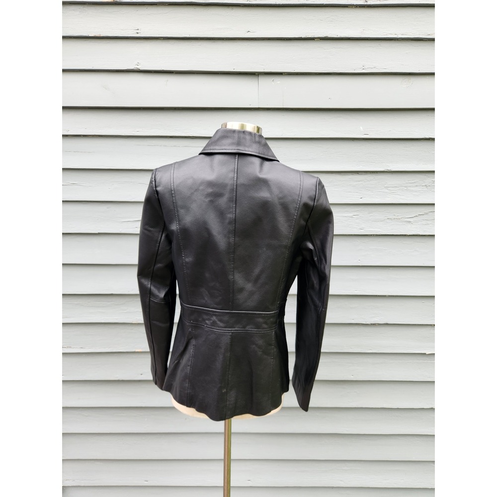 Vintage 90s y2k Leather Jacket Black Button Front Car Coat Burgundy Lining Small - Picture 5 of 7